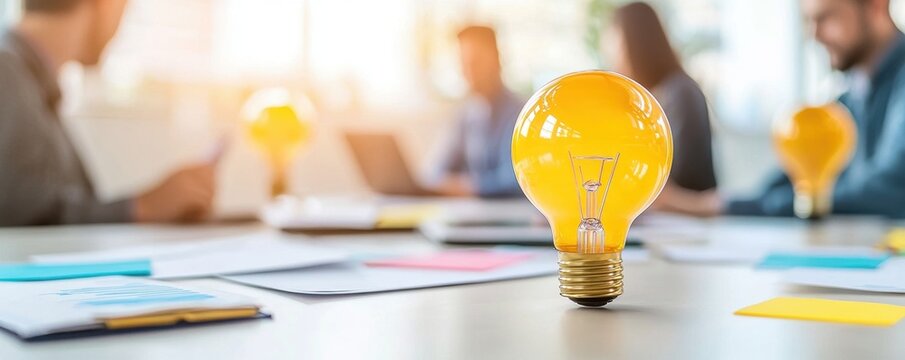 Customer centric marketing communication. A bright yellow light bulb sits on a table surrounded by people engaged in discussion, symbolizing creativity and innovation in a collaborative environment.