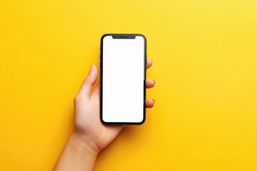 A hand holding a smartphone with a blank white screen against a vibrant yellow background, ideal for app mockups, advertising, and digital marketing concepts