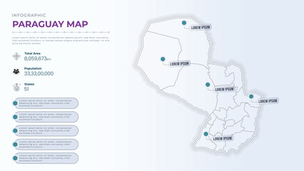 Total Area, Papulation, States & More Detailed Infographic Map of Paraguay. Paraguay country map infographic colored vector template with regions and pointer marks.