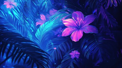 Naklejka premium Psychedelic neon jungle with glowing petals falling gently through misty foliage painted in ultraviolet and cyan