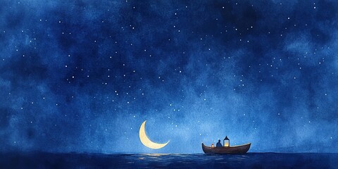 Serene Night Voyage: A tranquil illustration of a small boat gently navigating a vast expanse of water under a starlit sky. The crescent moon casts a gentle glow on the tranquil waters. 