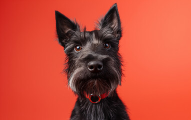 Scottish Terrier dog on minimalistic colorful background with Copy Space. Perfect for banners, veterinary ads, pet food promotions, and minimalist designs.
