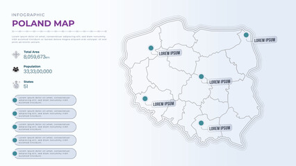 Total Area, Papulation, States & More Detailed Infographic Map of Poland. Poland country map infographic colored vector template with regions and pointer marks.