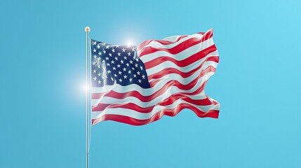 Fototapeta premium The American flag waving majestically against a clear blue sky with sunlight shining through.