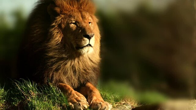 A 4K vertical video and extreme close up of a male lion relaxing in the late sun at a Welsh zoo. The wind blows through his huge mane. Copy space on right. Full property release for commercial use.