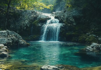 Naklejka premium Serene Waterfall Cascading Over Rocky Terrain Surrounded by Lush Greenery and Clear Blue Pool Reflecting Soft Light in Tranquil Natural Setting