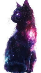 Obraz premium Mystic black cat posing with cosmic-patterned fur, gazing intently against transparent backdrop, highlighting feline mystique