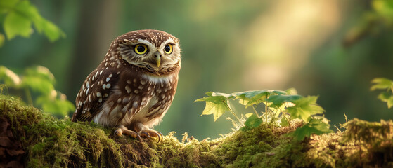 Obraz premium Enchanted Owl Perched on Mossy Log in Forest