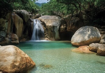 Naklejka premium Serene waterfall cascading over smooth rocks into a tranquil turquoise pool surrounded by lush greenery in a peaceful natural setting