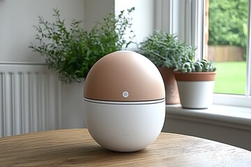 Humidifier on table, plants in pot, window view