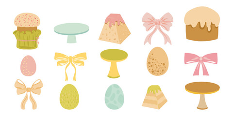 Easter cakes, cake stands, easter eggs, bow ties set. Easter set for poster, card, scrapbooking, stickers. 
