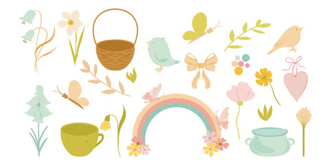 Hand drawn Spring clipart, Cute Easter set of elements. Basket, flowers, rainbow, bird, butterfly, tied bow. Spring set for poster, card, scrapbooking, stickers.
