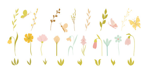 Collection of spring colorful flower elements vector. Set floral of wildflower, leaf branch, foliage. Hand drawn blossom illustration for decor, easter, sticker, clipart, print.