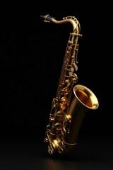 Obraz premium A Gleaming Gold Saxophone, a Symbol of Musical Elegance and Sophistication, Rests Against a Deep Black Background