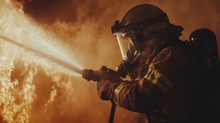 A firefighter in protective gear holding a powerful water hose spraying a strong jet of water onto the flame.