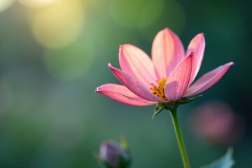 Fototapeta premium A Delicate Pink Flower in Soft Sunlight, a Gentle Bloom Against a Blurred Green Background, Evoking Serenity and Tranquility