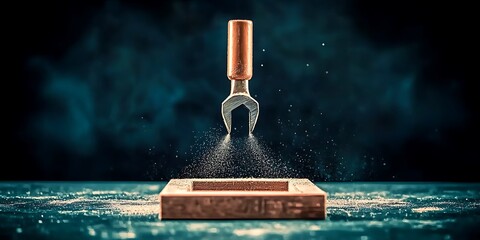 A wrench levitating above a wooden frame, surrounded by a misty atmosphere, showcasing creativity