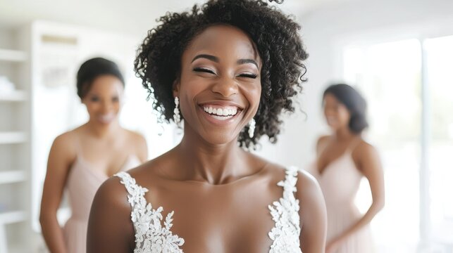 A bride laughing joyfully with her bridesmaids while getting ready in a bright, cozy room.