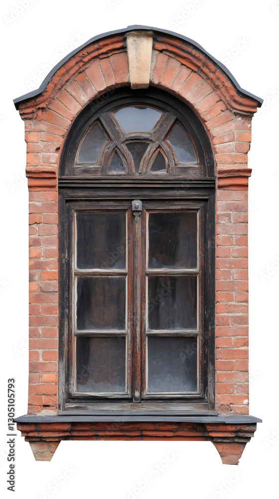 Poster weathered wooden window with arched transom light and red brick frame, isolated on transparent backg