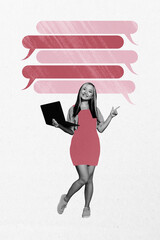 Artwork photo vertical collage of happy girl type laptop bubble communication icon phrase speech...