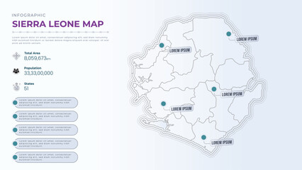 Fototapeta premium Total Area, Papulation, States & More Detailed Infographic Map of Sierra Leone. Sierra Leone country map infographic colored vector template with regions and pointer marks.
