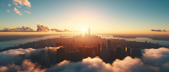 A breathtaking sunrise over the New York City skyline, a mesmerizing aerial view of the city's impressive architecture, and the clouds below.