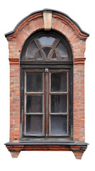 Fototapeta premium Weathered wooden window with arched transom light and red brick frame, isolated on transparent background