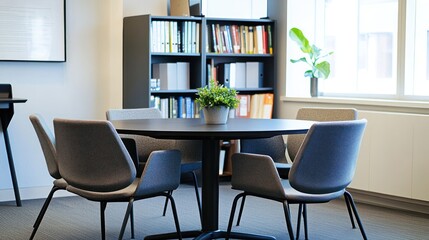 Modern office meeting room with bookshelves