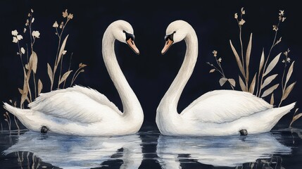 Fototapeta premium Swans form heart shape on dark water with foliage backdrop