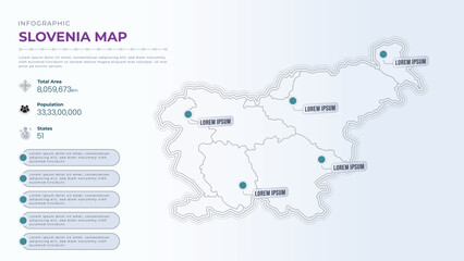 Total Area, Papulation, States & More Detailed Infographic Map of Slovenia. Slovenia country map infographic colored vector template with regions and pointer marks.