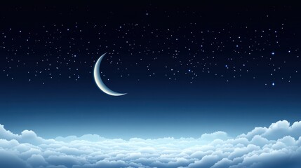 Fototapeta premium Crescent Moon Night Sky Above Serene Cloudscape Starry Background