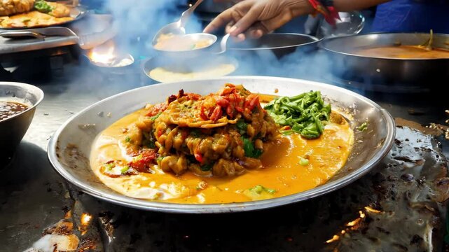 Flavorful Indian street food dish with spicy curry, vegetables and fresh herbs. Traditional Indian cuisine