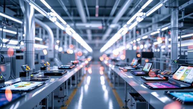 Advanced manufacturing facility showcasing high-tech assembly lines for electronic devices during daytime operations
