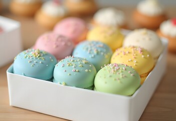 Fototapeta premium Assorted traditional french macarons sweets of different color and taste, two rows in present box with lilac flowerings decoration. Background, close up, copy space, top view. 
