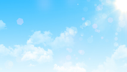 Obraz premium blue sky with clouds and sun rays with shiny bokeh lights,nature weather spring and summer day time social media background 