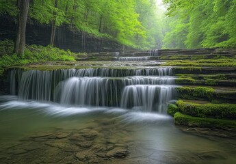Obraz premium Serene Waterfall Cascading Through Lush Green Forest with Foggy Atmosphere, Tranquil Stream Flowing Over Mossy Rocks in Nature's Beauty