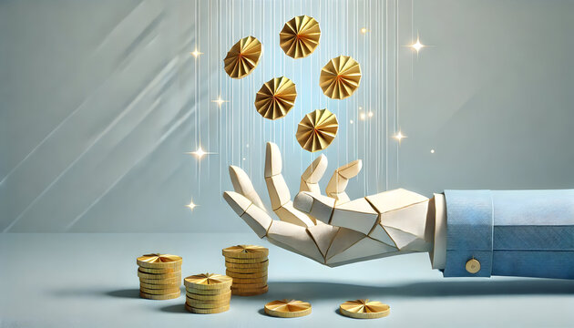Origami hand with floating gold coins, professional minimalist design, paper folding art, soft light blue rays and sparkles, elegant paper textures, clean composition, neutral tones, professional sett