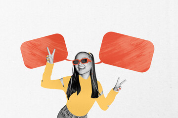 Poster contemporary photo collage of happy korean girl show peace gesture bubble communication...