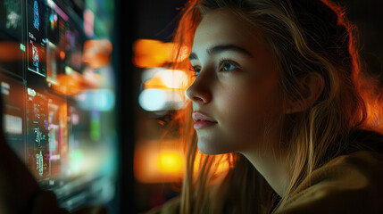 young woman interacts with futuristic digital interface, showcasing technology and innovation. Her focused expression highlights curiosity and