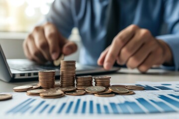 Businessman counts coins on a desk with financial charts, for stock photography use