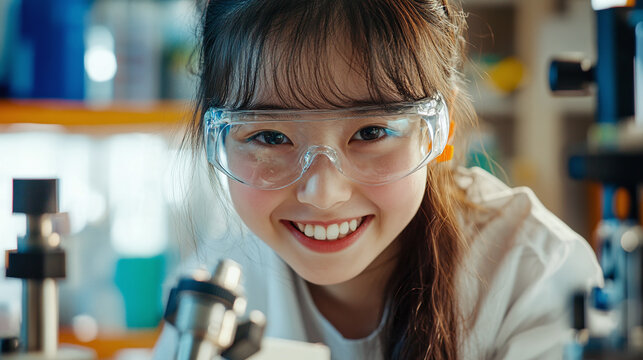 A young girl in safety goggles smiles while holding a microscope in a lab with colorful equipment, symbolizing curiosity and women's future in science.