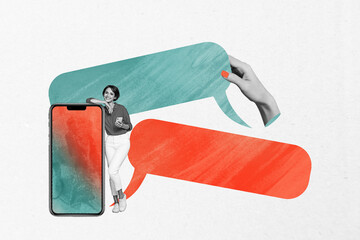 Art 3d sketch photo image collage of happy girl hold phone hand show communication icon messenger app smartphone screen cloud