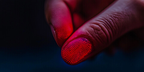 A close-up of a finger with a vivid red fingerprint pattern against a dark background, highlighting biometric identification.