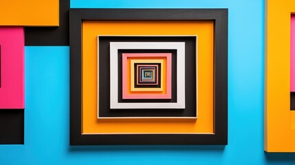 Interactive Optical Illusion. Art A layered wooden structure where different angles reveal shifting colorful patterns that frame an ever-changing blue backdrop, creating a dynamic viewing experience