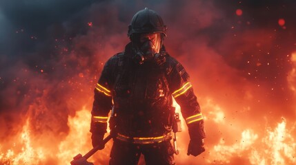 A heroic firefighter in full gear, standing against raging flames and thick smoke,
with a fire axe in his hands
