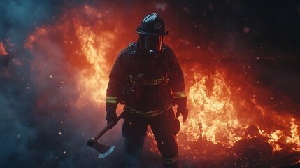 Fototapeta premium A heroic firefighter in full gear, standing against raging flames and thick smoke, with a fire axe in his hands 