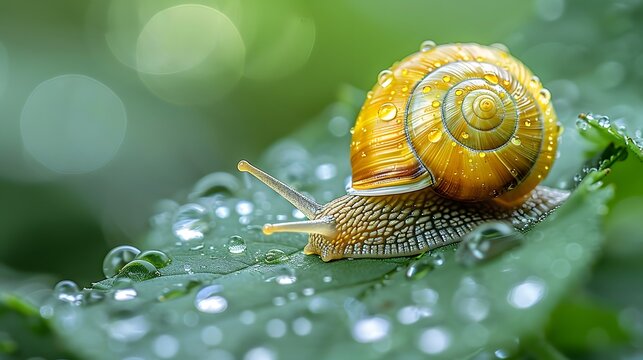 A golden snail with an intricate spiral shell crawl  on the leave 