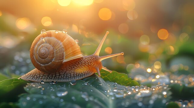 A golden snail with an intricate spiral shell crawl  on the leave 