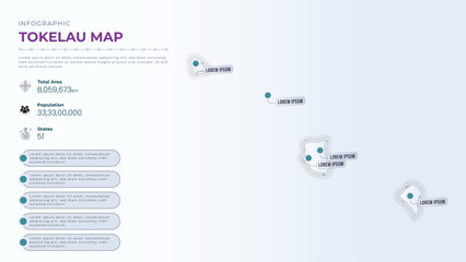 Total Area, Papulation, States & More Detailed Infographic Map of Tokelau. Tokelau country map infographic colored vector template with regions and pointer marks.