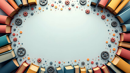 Sleek metallic border with books and gears for International Literacy Day copy space concept as Industrial sleek metallic frame with books gears providing modern space for literacy themes in  Photo St